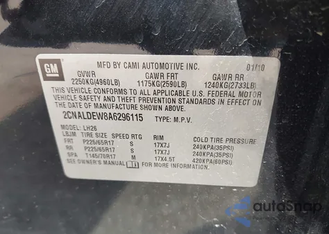2010 Chevrolet Equinox Lt из США, поврежденный, VIN 2CNALDEW8A6296115